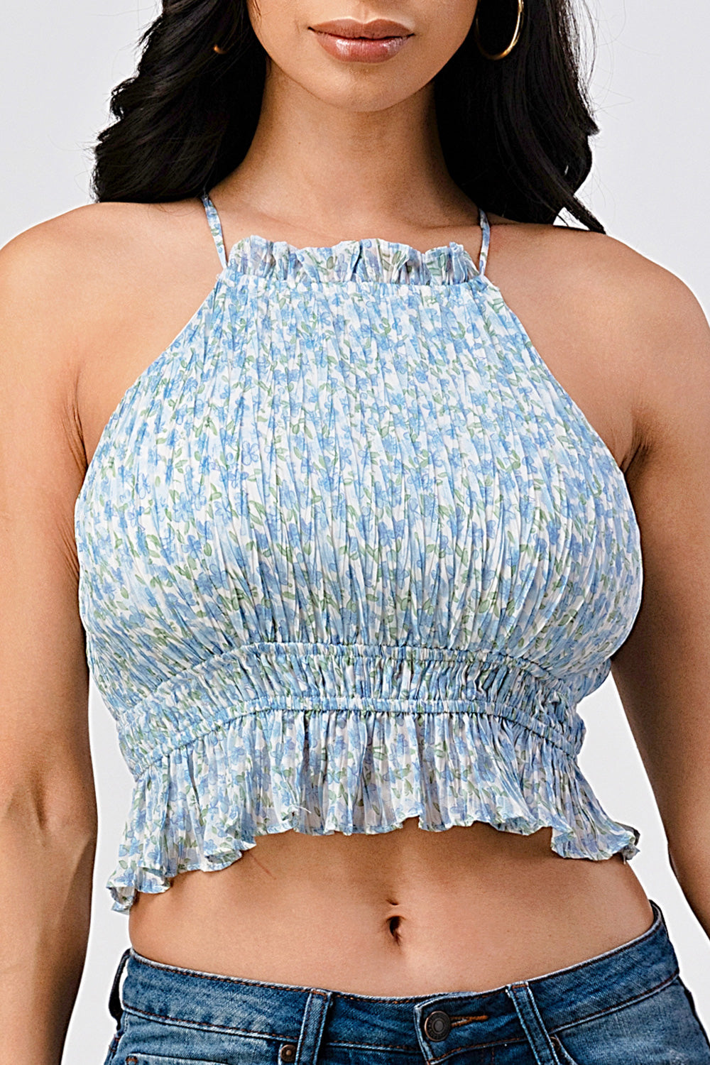 #T4278 Ditsy Ruffle Crop Top