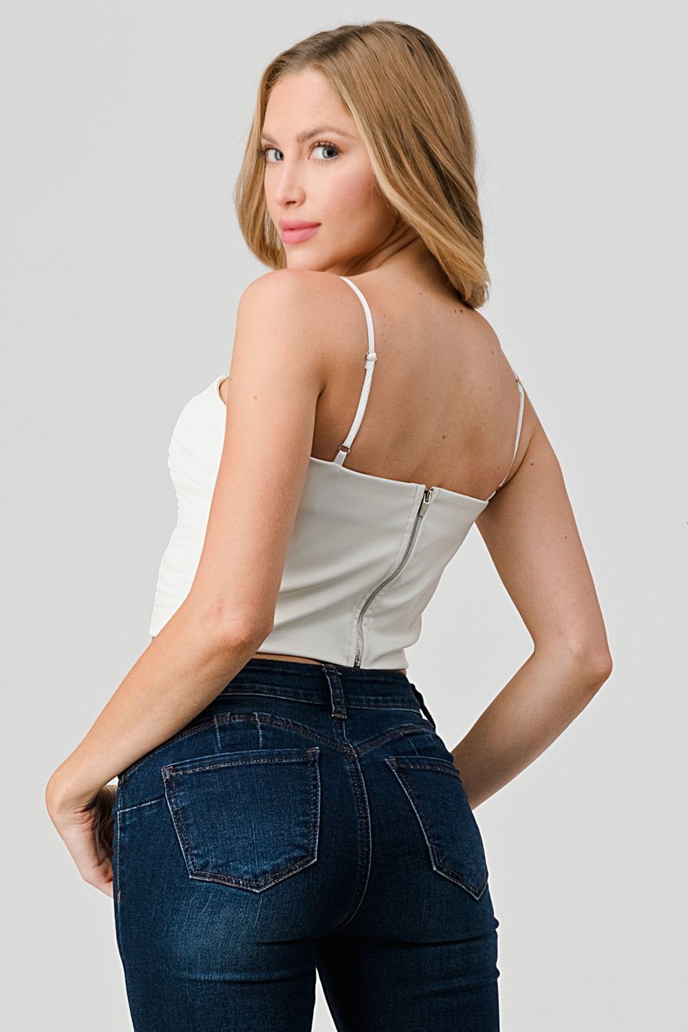 #T4571 Mesh Ruched Strap Top with Contrast Leather