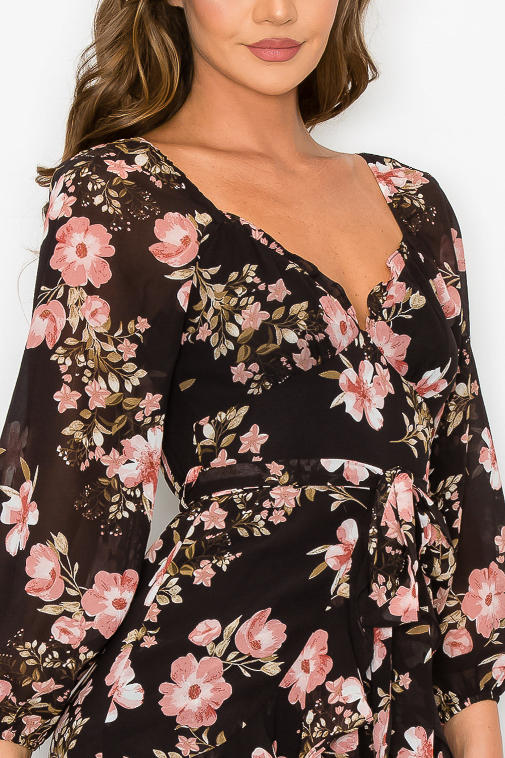 #D6111 Belted Floral Long Sleeve Dress